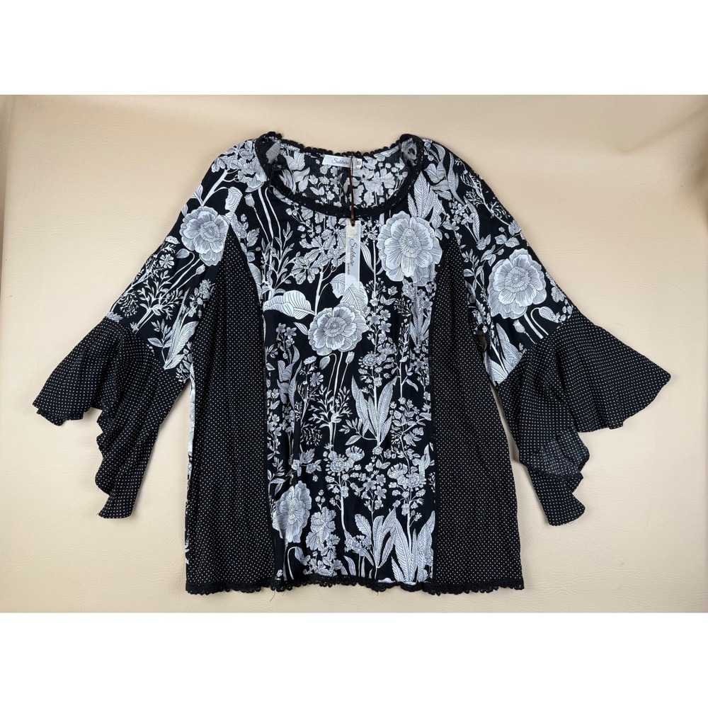 Boho Floral Polka Dot Blouse Rayon Ruffle Sleeve‎ 2X Solitaire NWT
